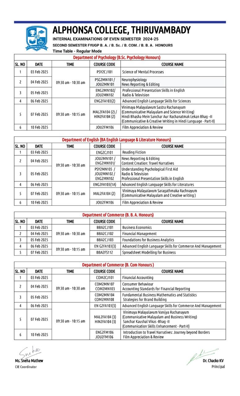 Second Semester FYUGP Internal Examination Time Table 2024-25