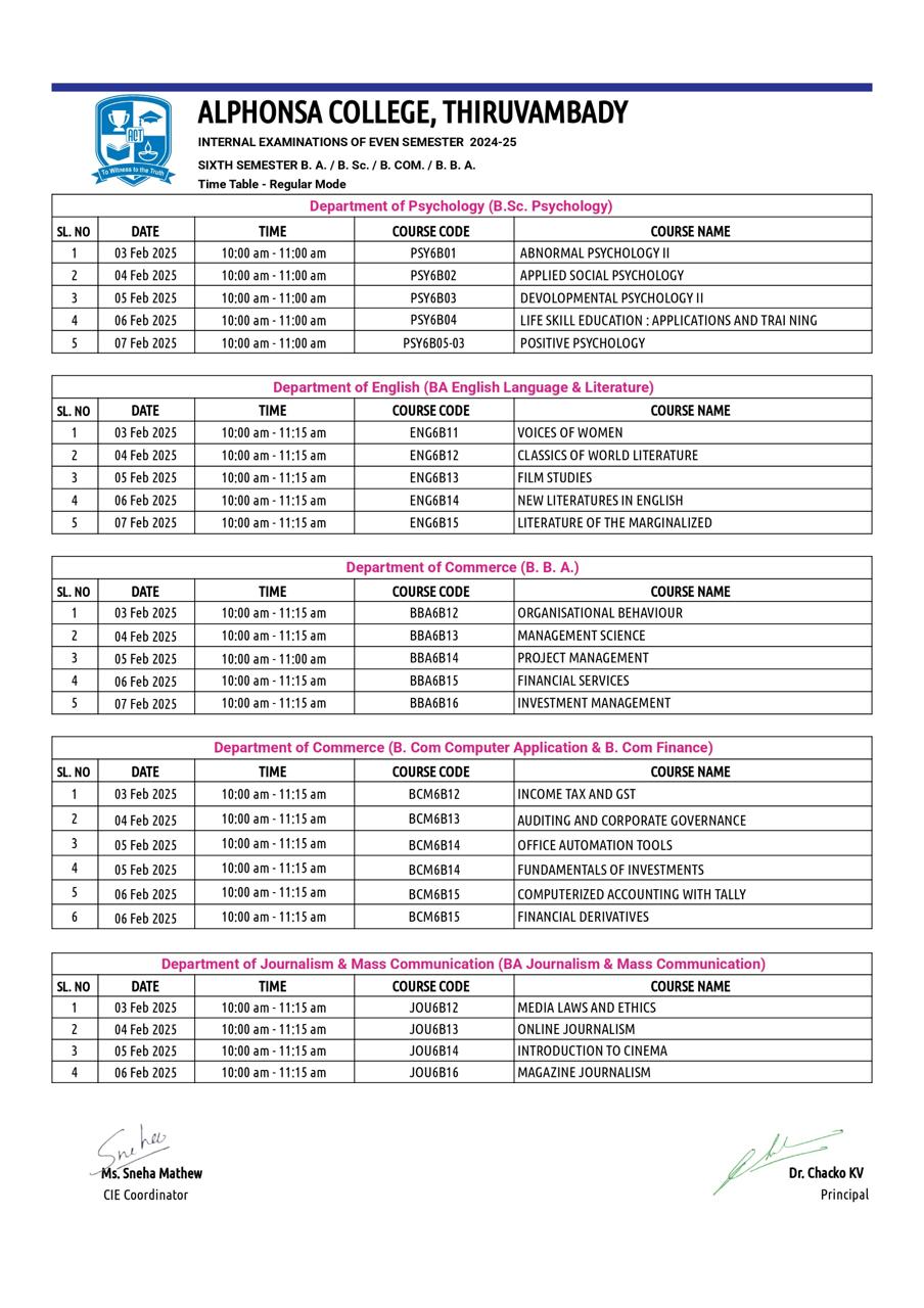 Sixth Semester Internal Examination Time Table 2024-25