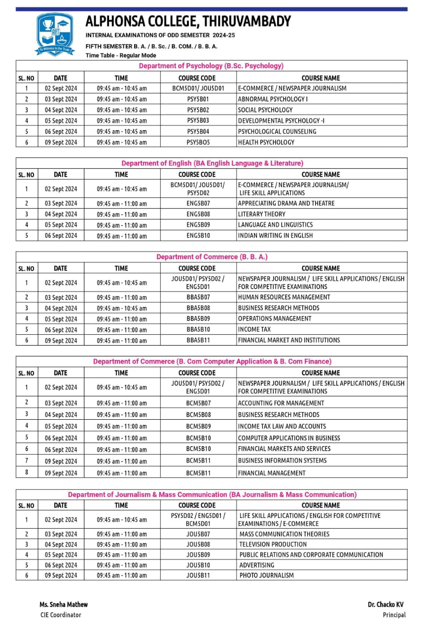 Internal Examination Time Table